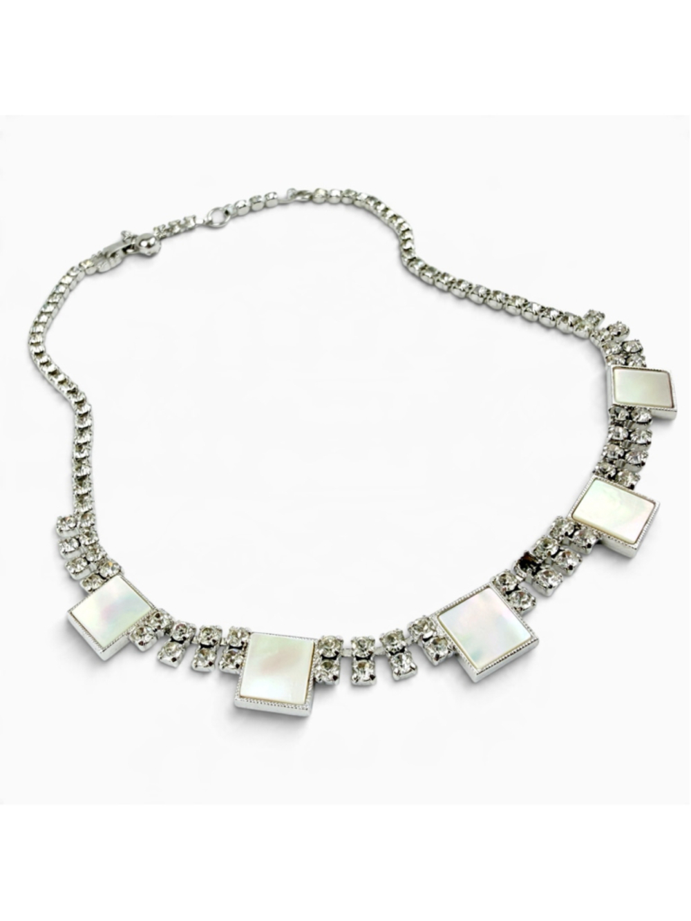Vintage Art Deco Style Mother of Pearl Look Rhinestone Statement Necklace